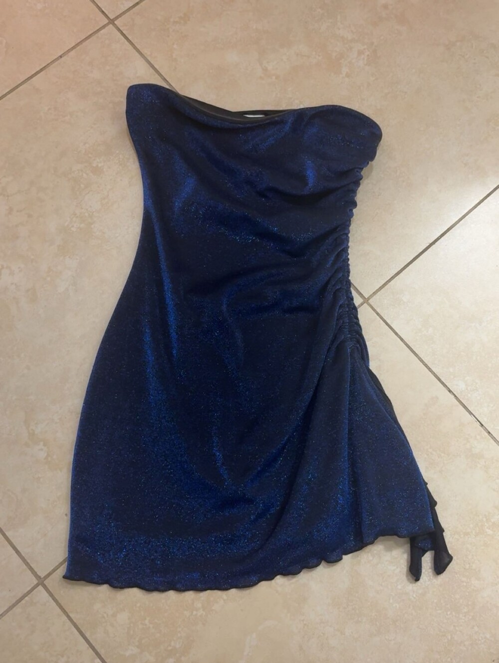 Princess Polly Shimmery Blue Metallic Nylon Dress w/Adjustable Ruching, 4